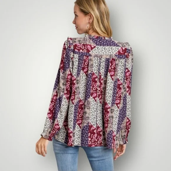Umgee Mixed Print Ruffle Blouse Top in Mixed Wine Women’s Size Large - Picture 11 of 11